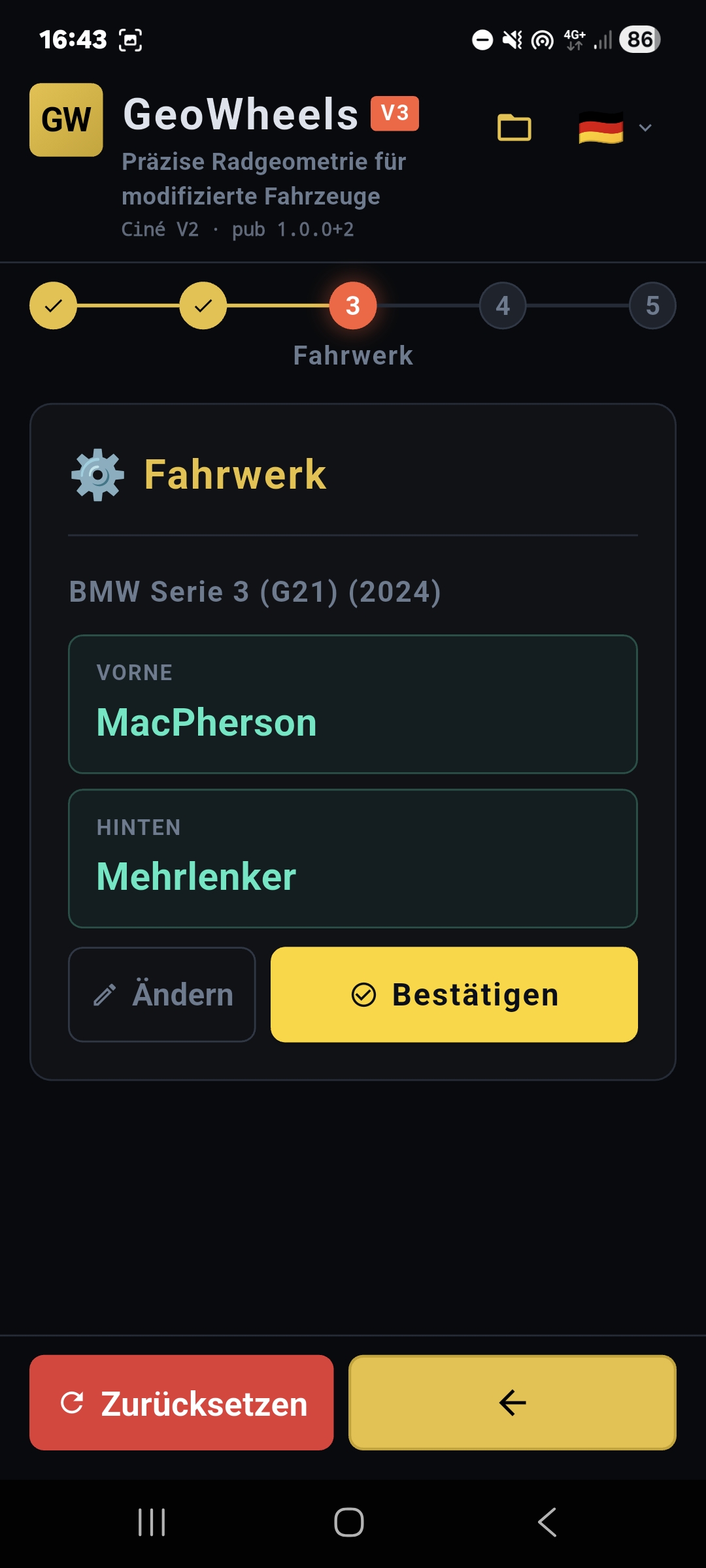 GeoWheels: Automatische Fahrwerkserkennung (MacPherson/Mehrlenker) zur präzisen Berechnung der Geometrie-Korrekturwerte.