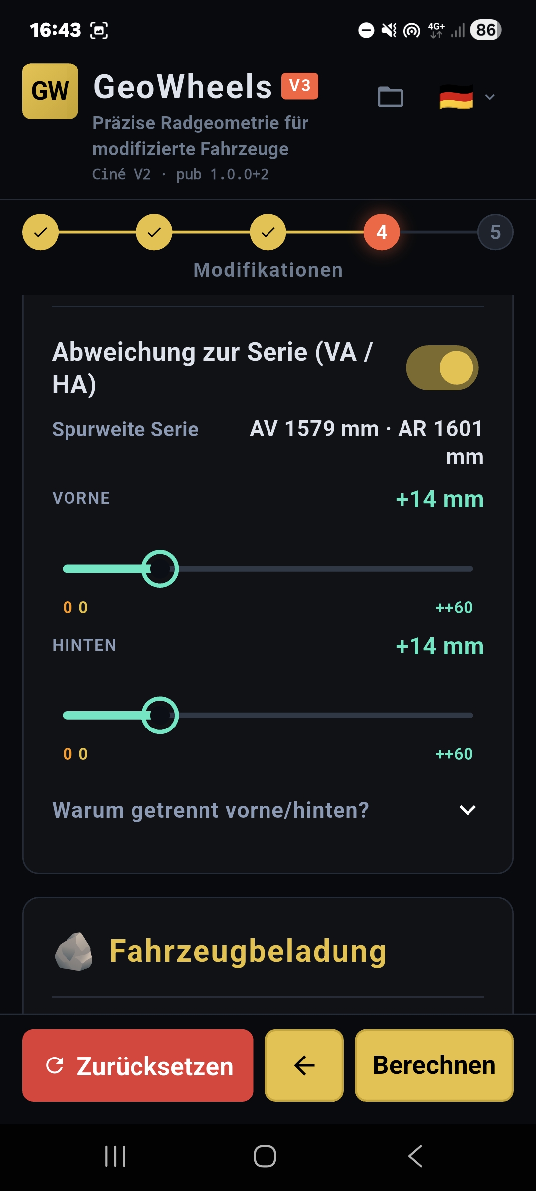 GeoWheels: Eingabe der montierten Spurplatten zur Berücksichtigung der Spurweitenänderung im Berechnungsmodell.
