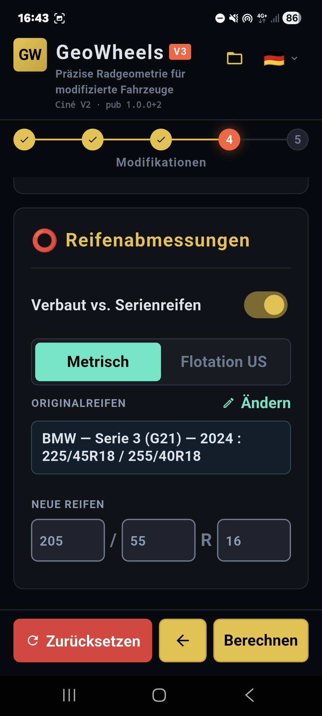 GeoWheels: Erfassung geänderter Reifendimensionen zur exakten Kalkulation der Abweichungen gegenüber der Serienbereifung.