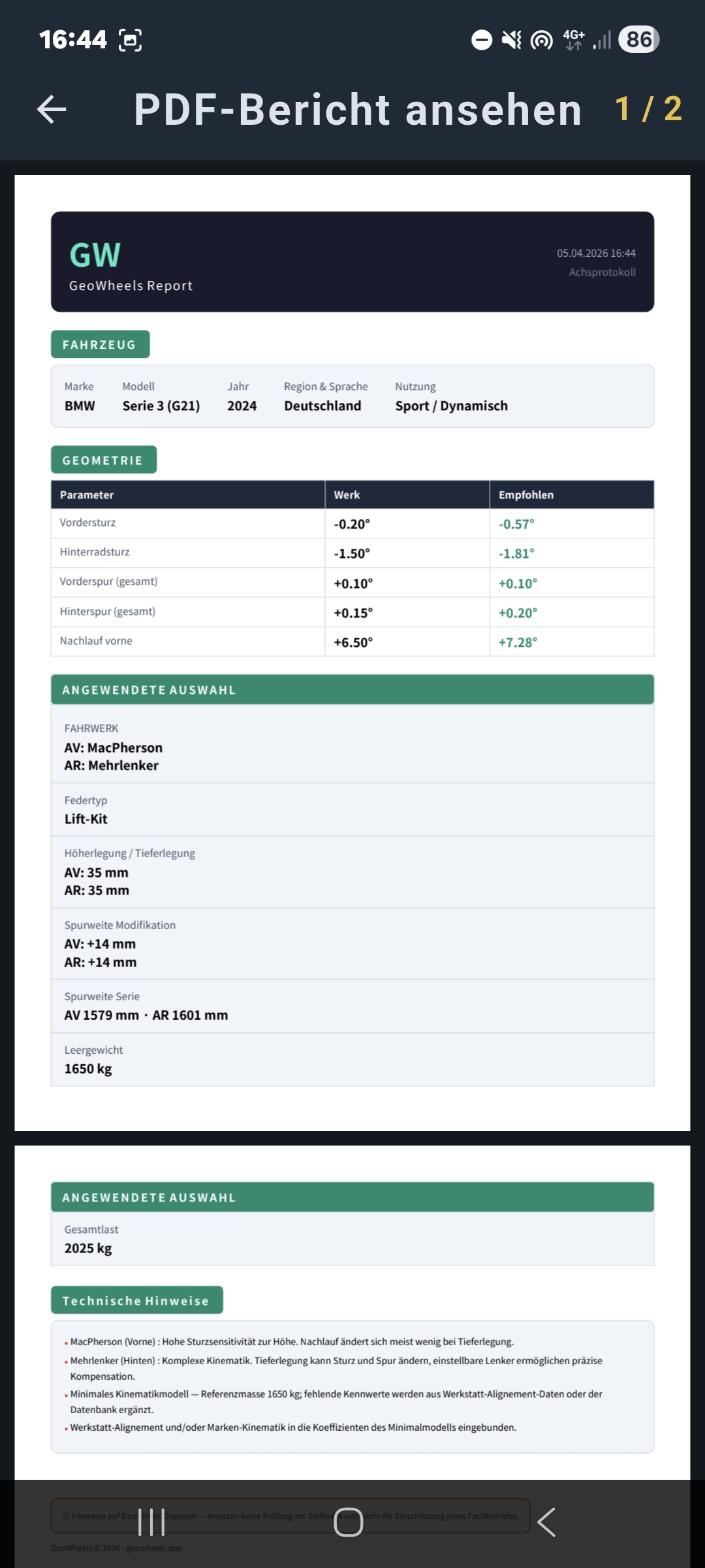 GeoWheels: Digitales Achsprotokoll als PDF mit den berechneten Zielvorgaben für die professionelle Fahrwerkseinstellung.