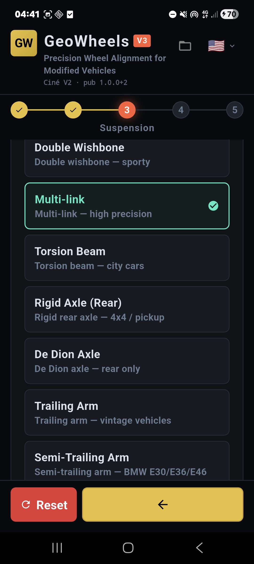 Selection list for suspension types and shock absorbers to refine alignment calculations and ensure optimal tire life.