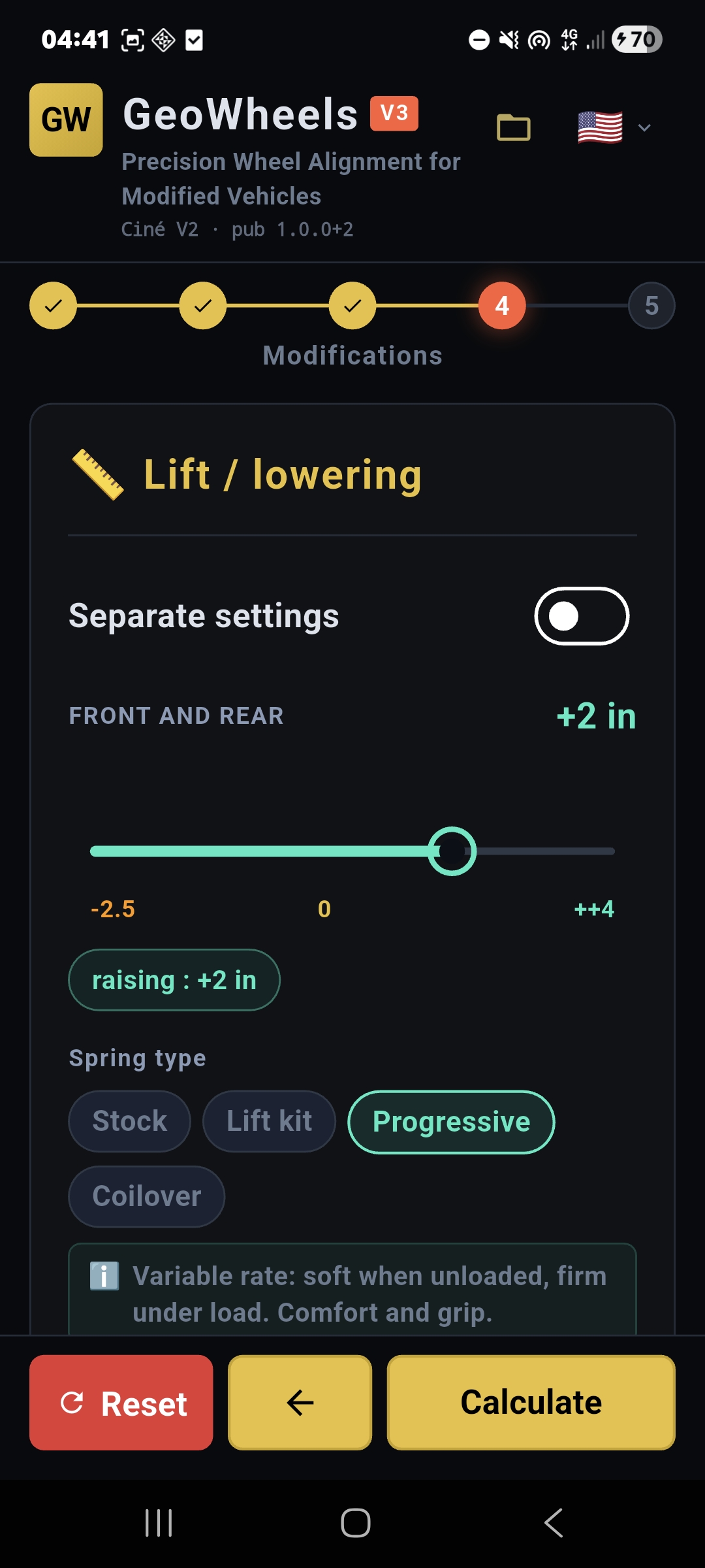 Adjustment of lift or lowering height to optimize geometry and minimize premature tire wear.