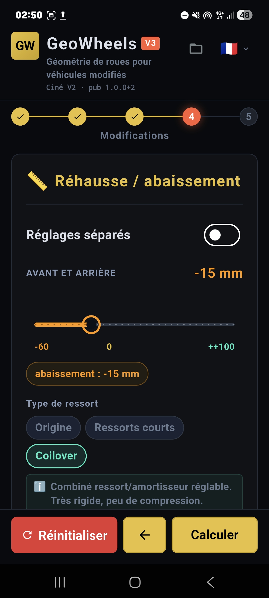 Réglage de la hauteur de l'amortisseur pour définir la garde au sol et calculer l'impact sur la géométrie.