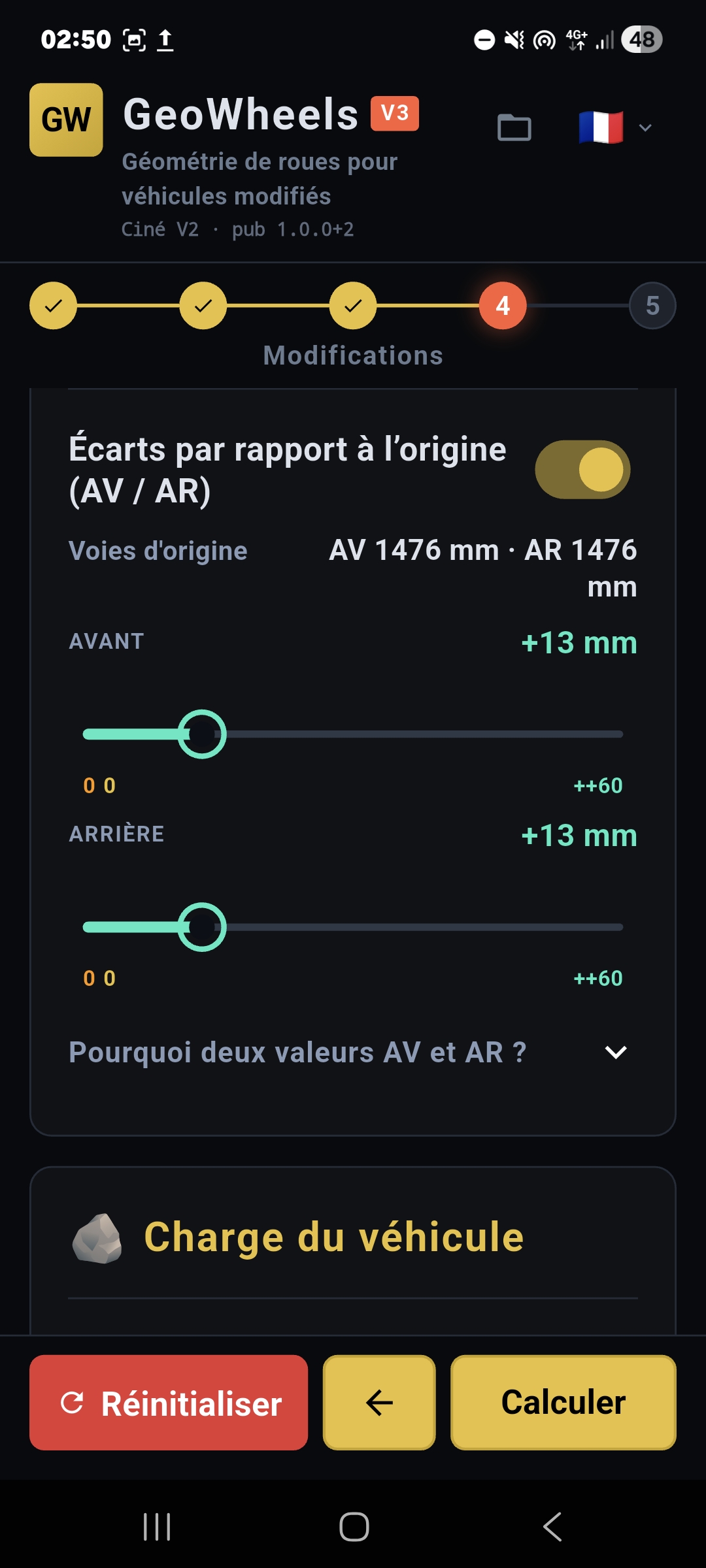 Saisie de la largeur de voie pour l'analyse du déport et de la stabilité du châssis.