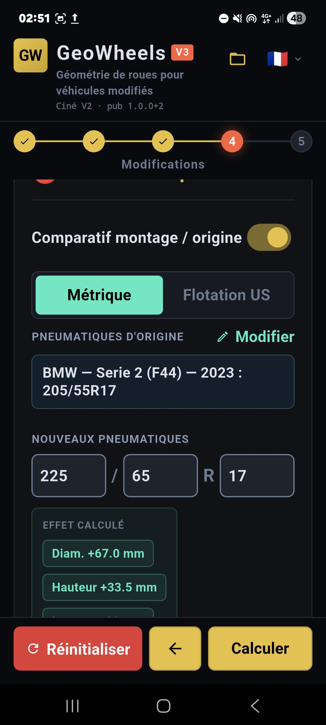 Configuration des nouvelles dimensions de pneus pour calculer l'écart par rapport à la monte d'origine.