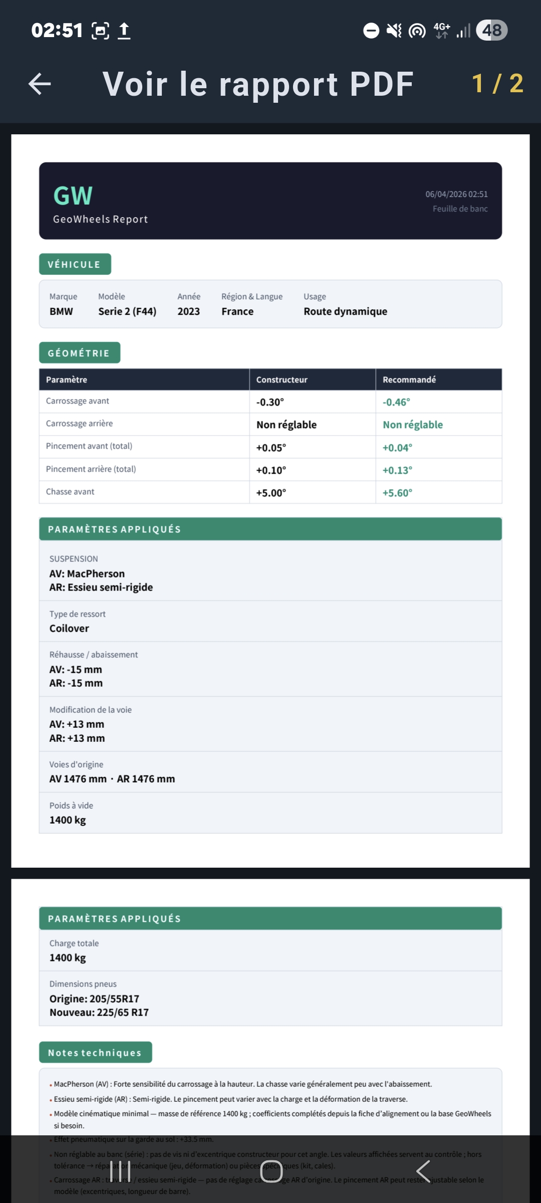 Feuille de banc numérique en PDF avec les cibles de réglage pour un passage professionnel à la station de géométrie.