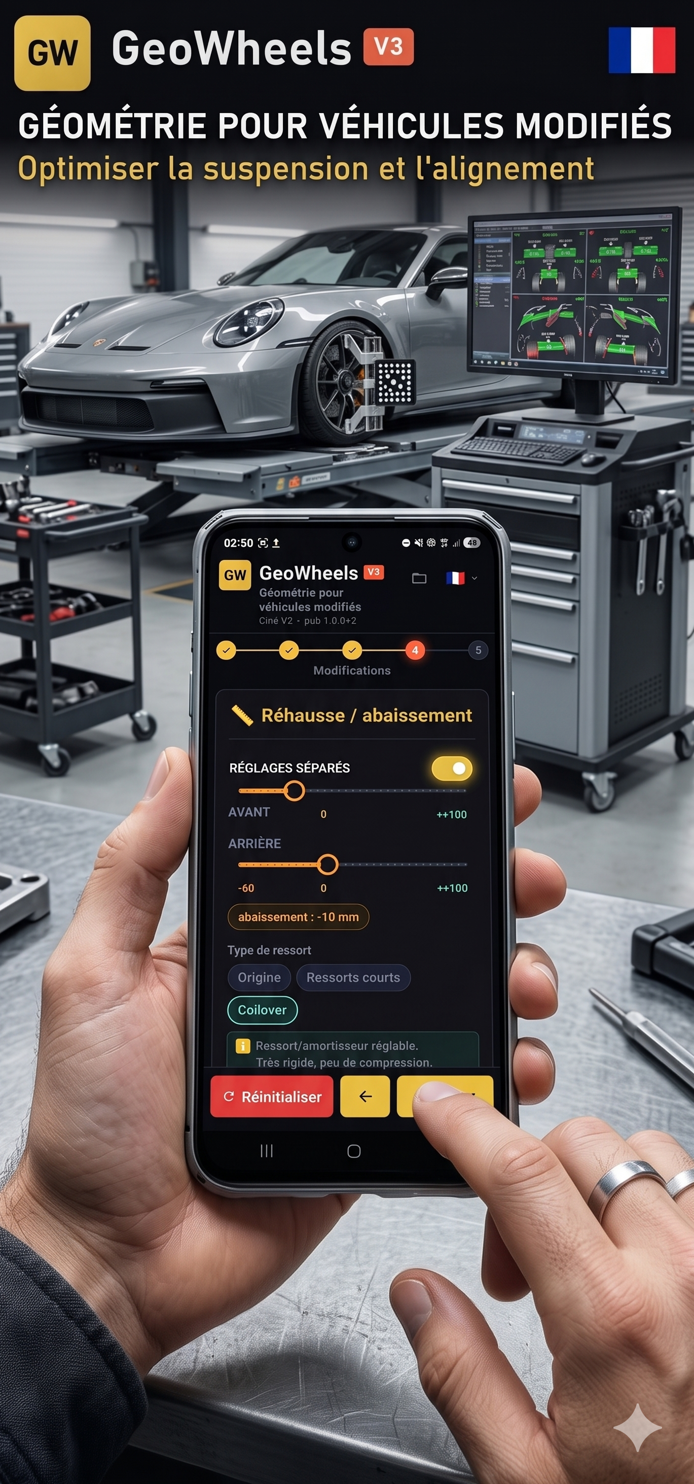 Parallélisme et géométrie sur véhicule modifié : vue d’ensemble GeoWheels (angles, suspension, pneus)