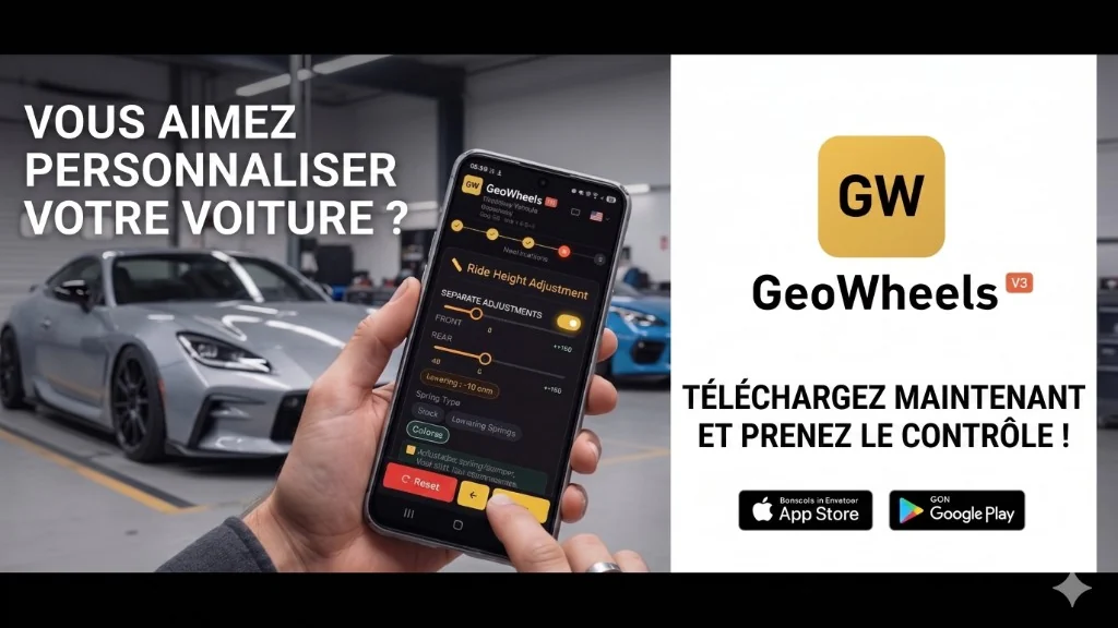 GeoWheels V3 : bannière promotionnelle avec smartphone montrant le réglage de hauteur de caisse et badges App Store et Google Play