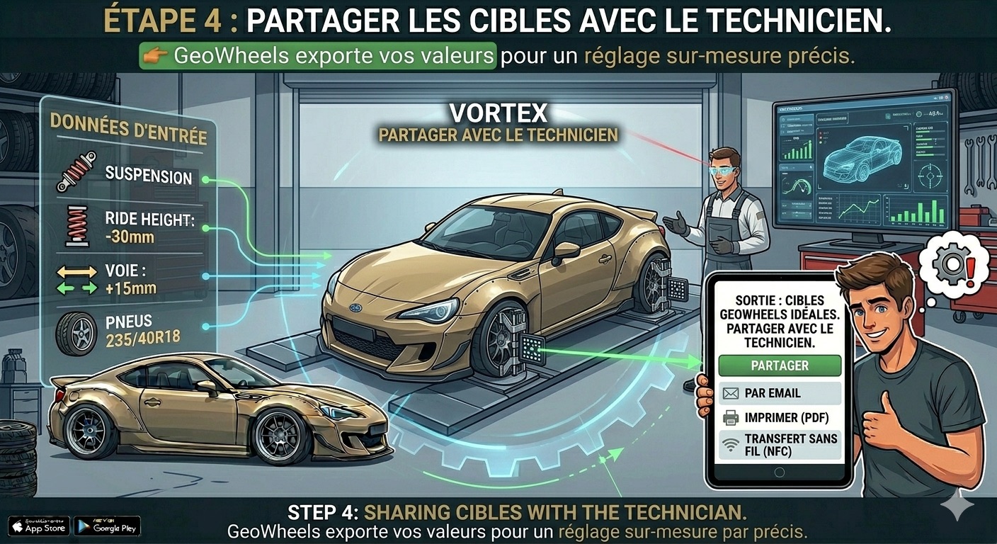 Étape 6 GeoWheels : feuille de banc — relevé des mesures de parallélisme au centre de géométrie