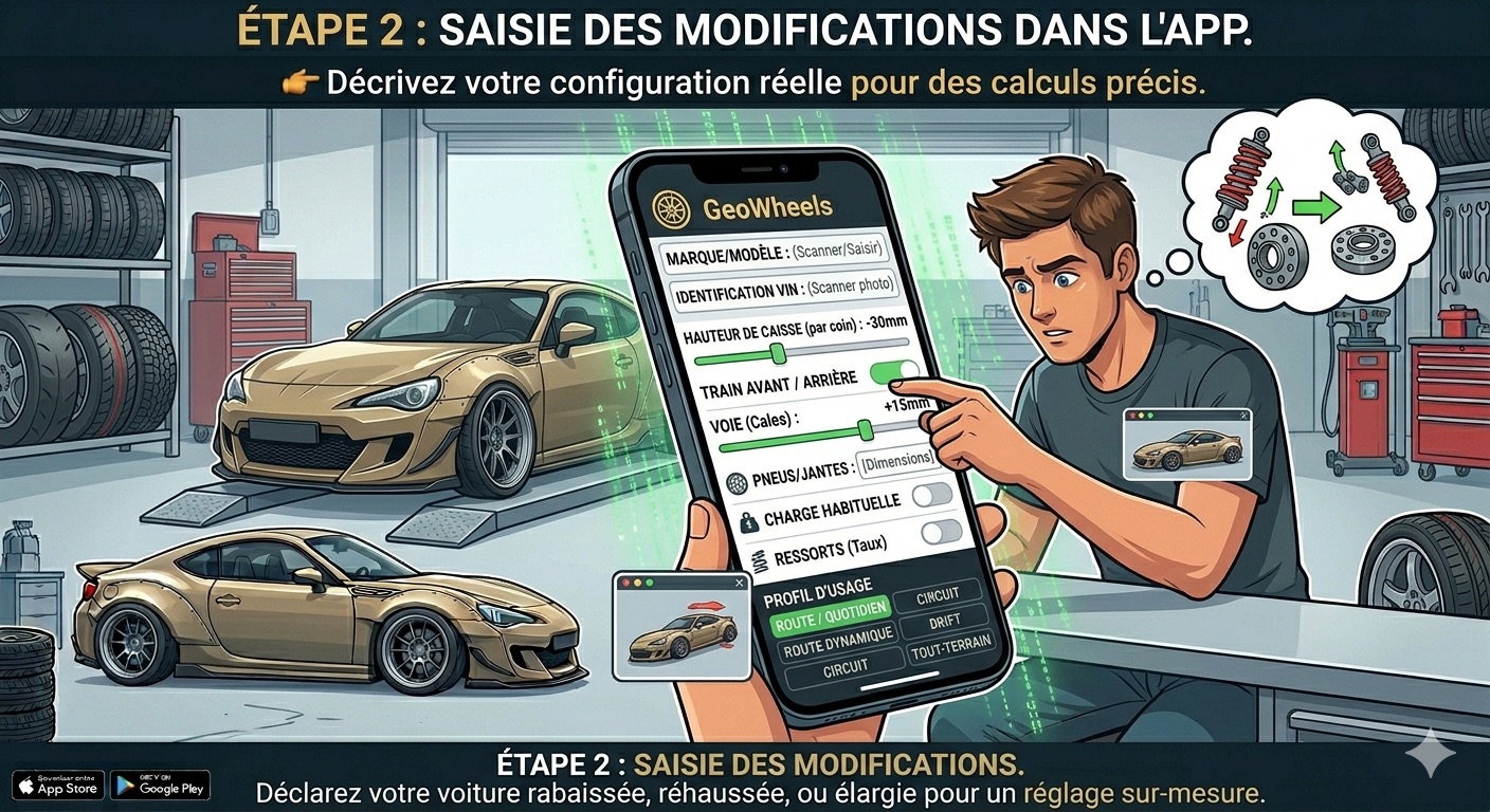 Étape 4 GeoWheels : diagnostic du problème de géométrie — usure irrégulière des pneus sur véhicule modifié