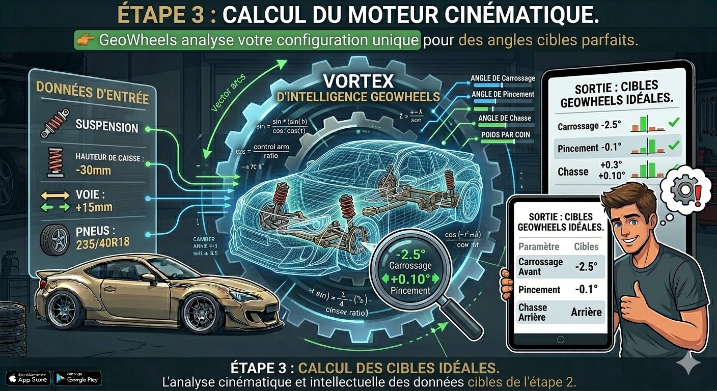 Étape 5 GeoWheels : saisie des modifications dans l’application — configuration détaillée du véhicule pour le calcul de géométrie