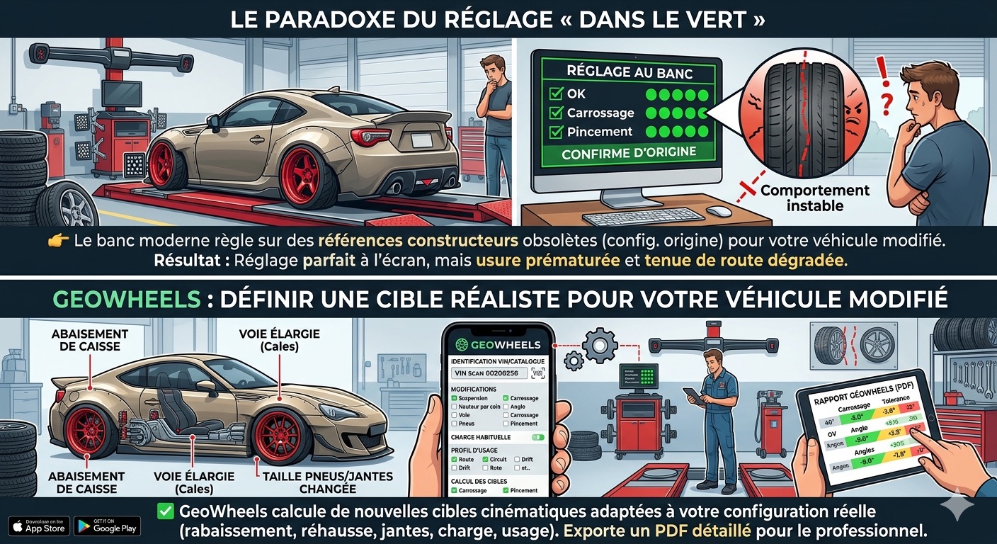 Étape 2 GeoWheels : de la saisie des données véhicule au calcul des angles cibles pour une géométrie adaptée au véhicule modifié