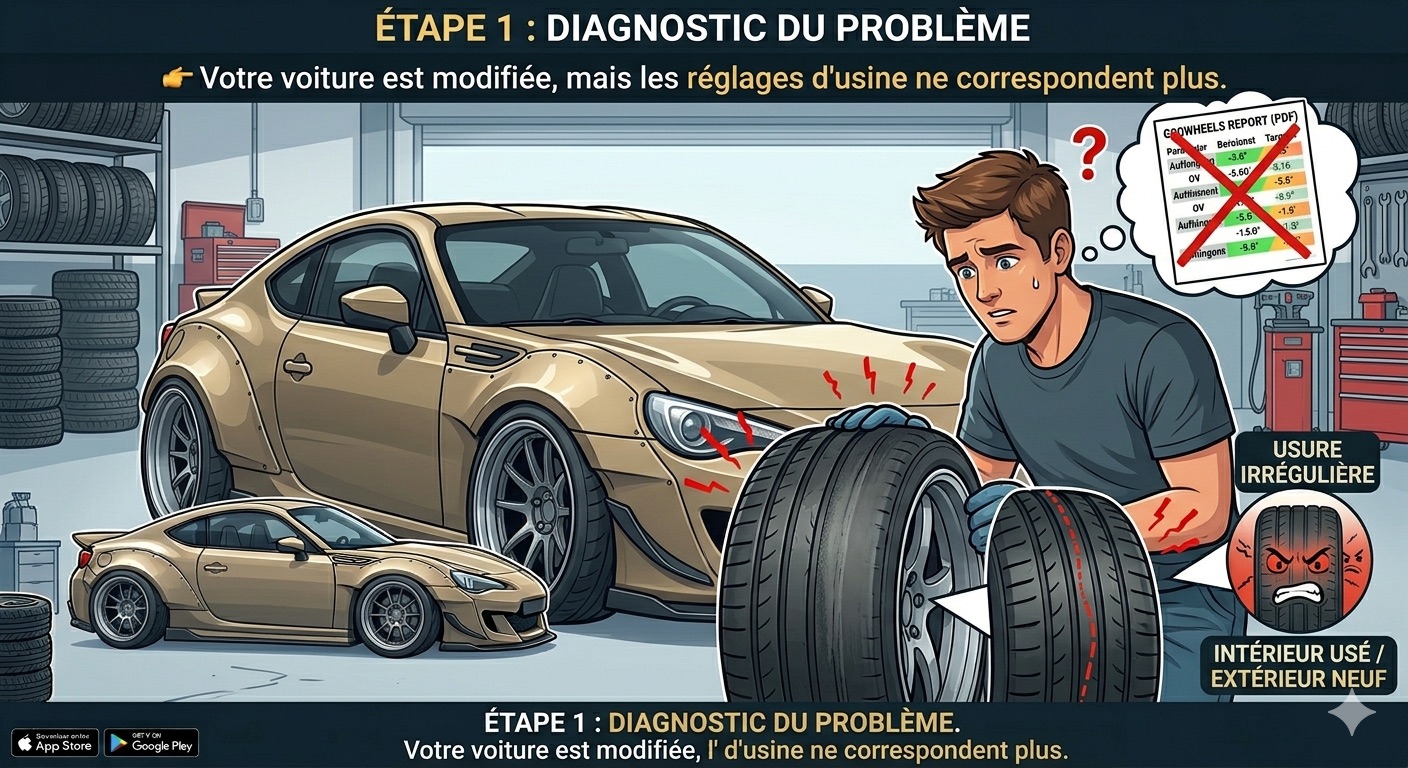 Étape 3 GeoWheels : résultat du parallélisme avec les valeurs d’origines — pneus HS malgré un parallélisme classique