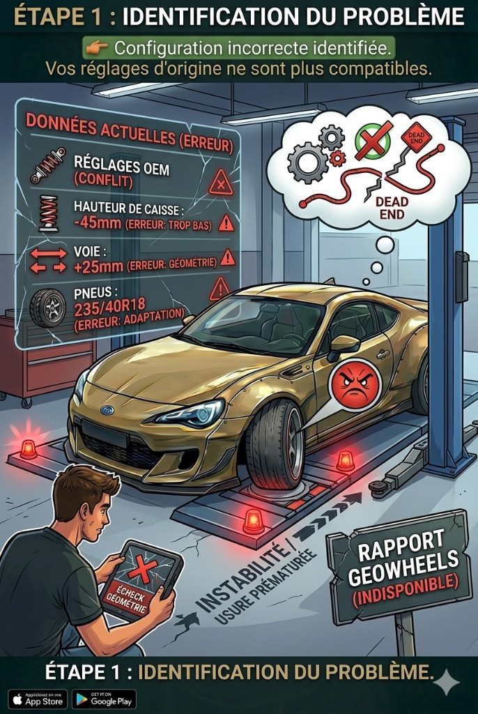Illustration « Étape 1 : identification du problème » : diagnostic d'une configuration inadaptée (géométrie, hauteur de caisse, voie, pneus) sur une voiture sportive au banc ; instabilité et usure prématurée des pneus mises en avant.