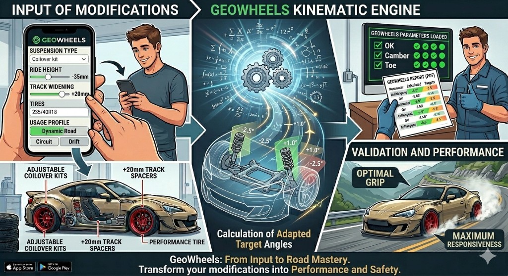GeoWheels kinematic engine infographic: coilovers, ride height, track width, and tire inputs; calculated camber and toe targets; alignment rack validation with PDF report; sports car on a winding road with optimal grip callouts.