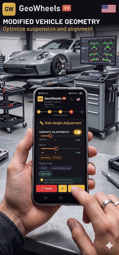GeoWheels V3: modified vehicle geometry — ride height adjustment screen (coilover, front/rear) and professional alignment bay